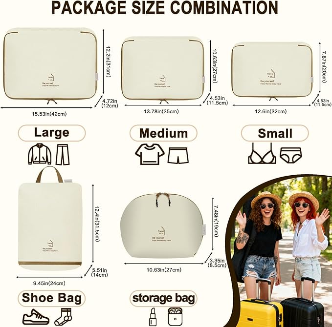 5 Set Packing Cubes for Travel, Various Sizes Luggage Organizer Bags with Double Zipper, Durable Space Saver Bags Travel Essentials (5 Set, Beige)
