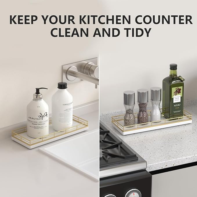 Bathroom Tray for Counter Top Organizer – Oak Wood Vanity Tray with Metal Frame for Dresser, Kitchen, Nightstand – Gold & White Decorative Storage