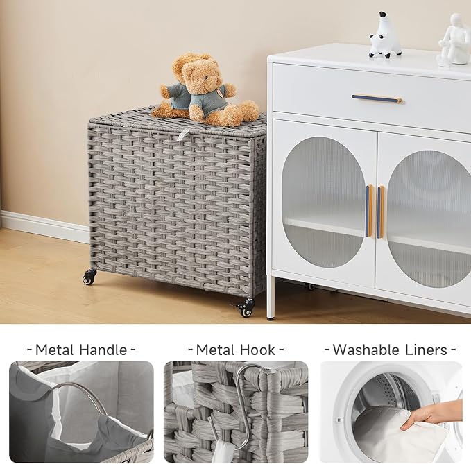 Laundry Hamper with Wheels, 34.3 Gallon(130L) Rolling Laundry Basket with Lid, Removable Large 2 Color Liners & 3 Mesh Laundry Bags, Clothes Hamper with Side Pocket, Grey