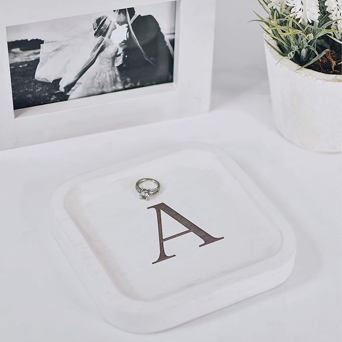 I'm Wooden Personalized Letter Catchall Valet Tray Trinket Dish Jewelry Tray Key Bowl Decorative Plate Organizing Ring Earrings Necklaces Bracelet Watch Coins Wallet Holder (6"x6" Sq White A)