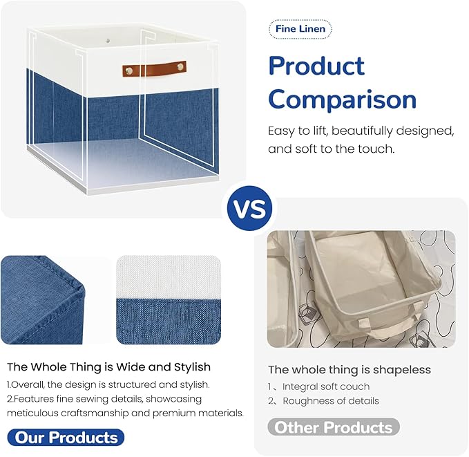 13x13 Storage Cubes 6-Pack, Large Foldable Fabric Cube Storage Bin with Reinforced Bottom and Labels, Organizer Baskets for Shelves, Closets(White/Blue)