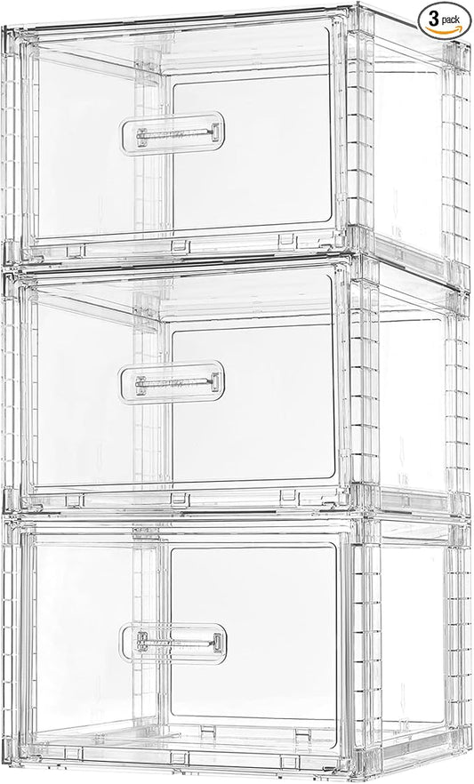 Vtopmart 3 Pack 18QT Clear Stackable Storage Drawers,Easily Assemble Closet Organizers,Plastic Storage Bins for Bathroom,Cabinet,Kitchen Pantry,Under Sink Organization(Medium)