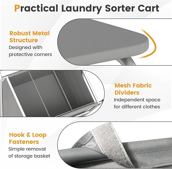 Giantex Laundry Sorter with Foldable Ironing Board, 3 Section Tilt Out Laundry Hamper with Removable Bags, Heavy-Duty Rolling Laundry Cart with Lockable Wheels for Bathroom Bedroom, Grey
