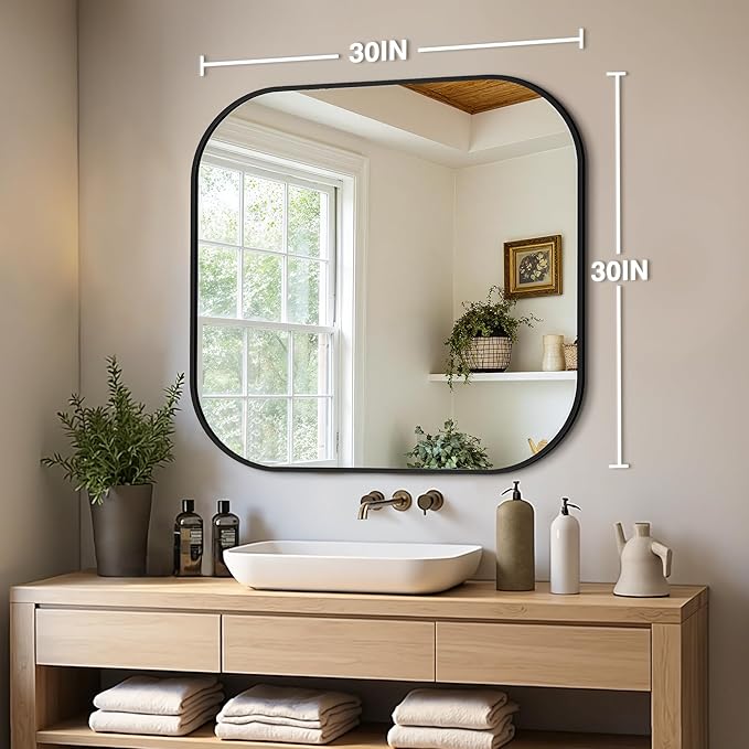 Bathroom Mirror for Wall, Black Bathroom Vanity Mirror for Over Sink 30 x 30, HD Reflection Shatterproof Square Mirror for Living Room Bedroom Entryway, Metal Frame