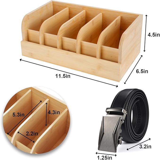 GTI Belt Organizer, 5 Compartments Belt Organizer for Closet and Drawer, Bamboo Display Case for Tie and Belt, Belt Storage Organizer for Men Women (Wooden)