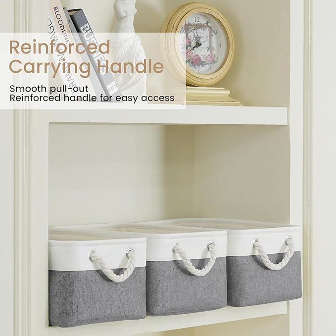 Storage Baskets for Shelves 13.8x9.8x6.7 Inch, Foldable Fabric Storage Bins with Handles, Small Storage Baskets for Organizing Closet, Office, Home Organization (3-Pack, White&Gray)