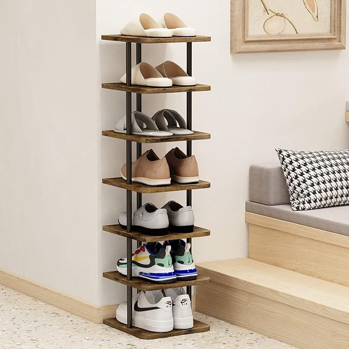 AZERPIAN Shoe Rack 7 Tier Vertical Storage Organizer Narrow Metal Slim Shelf Modern Free Standing Shoe Tower Saving Space for Closet Entryway Bedroom,Black+Rustic Brown