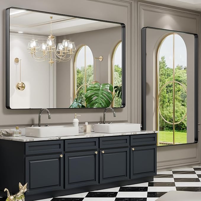 LOAAO 60X40 Inch Black Metal Framed Bathroom Mirror for Wall, Matte Black Bathroom Vanity Mirror Farmhouse, Large Rounded Rectangle Mirror, Anti-Rust, Tempered Glass, Hangs Horizontally or Vertically