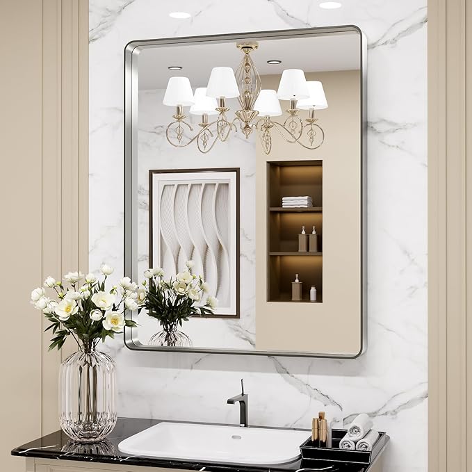 LOAAO 20X30 Inch Brushed Nickel Bathroom Mirror, Rounded Rectangle Silver Metal Frame Mirror, Brushed Nickel, Anti-Rust, Shatter Proof, Hangs Horizontally or Vertically