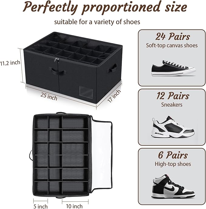 24 Pair Shoe Storage Box, Foldable Closet Shoe Organizer with Adjustable Dividers & Clear Cover, Space-Saving Shoe Containers for Home