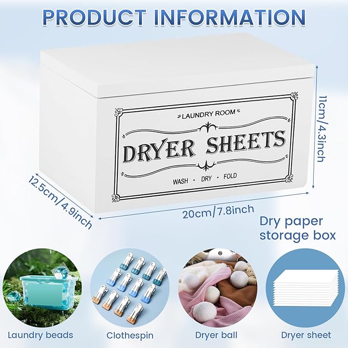 Dryer Sheet Holder with Lid, Wooden Laundry Room Organization and Storage, Large Capacity Softener Sheets Dispenser, Fabric Softener Container for Laundry Room Bathroom (White)