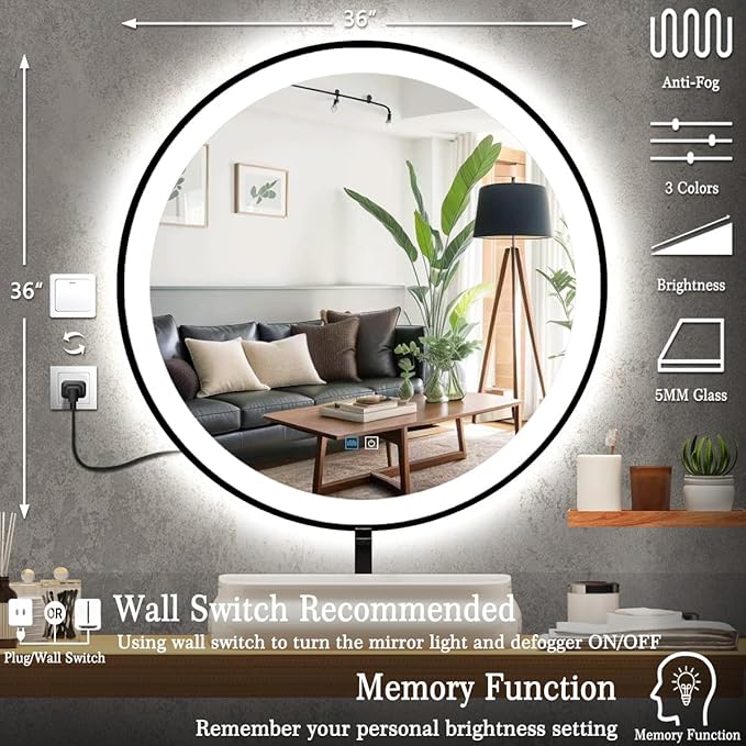 36 Inch Black Frame Round Lighted Mirror for Bathroom Salon Wall Black Round LED Vanity Mirror with Lights 3 Color Adjustable Brightness AntiFog 36" BlackFramed Circle Smart Light up Mirrors