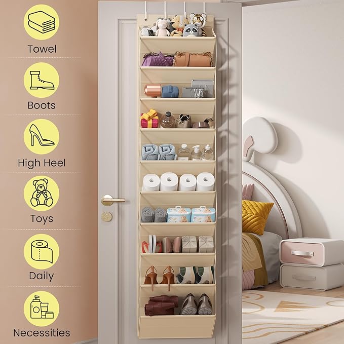 10 Tier Clear Over the Door Shoe Organizer with Deep Pockets, Door Shoes Rack with Hard Tube to Keep the Shape, Hanging Shoe Rack for Closet Organizers & Storage, Behind Door Shoe Holder Beige