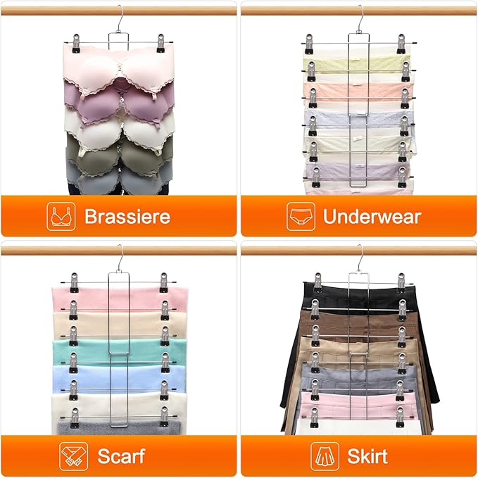 Closet Organizers and Storage, 6 Tier Storage and Organization Pants Hangers Space Saving, Metal Skirt Hangers with Adjustable Clip, 360° Swivel Hook, Dorm Room Essentials for College Students Girls