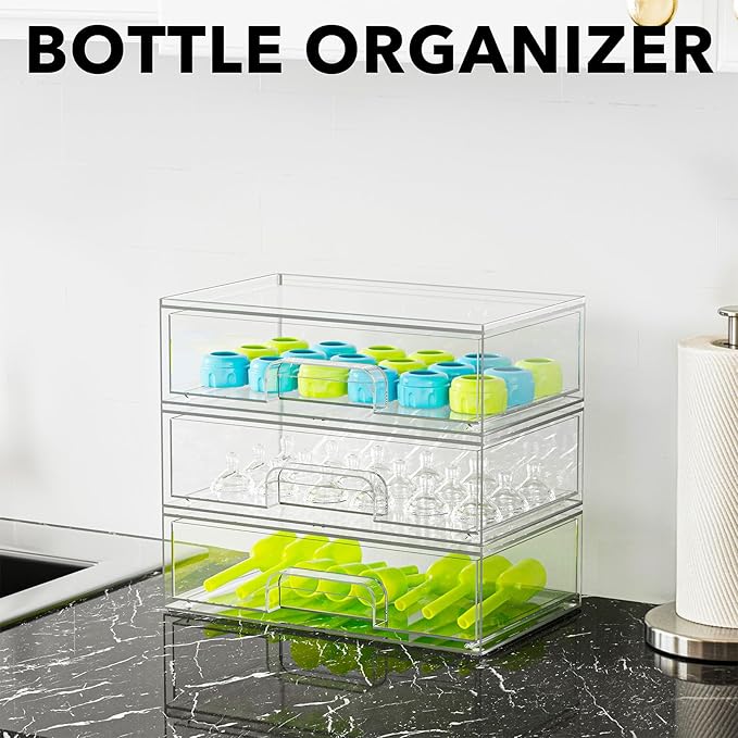 SpaceAid Bottle Storage Organizer Baby - Acrylic Bottles Station Organizer Container, Stackable Clear Drawers for Countertop, Vanity, Bathroom, Cabinet, Pantry Organization, 3 Pack, 3L, 10.3"H