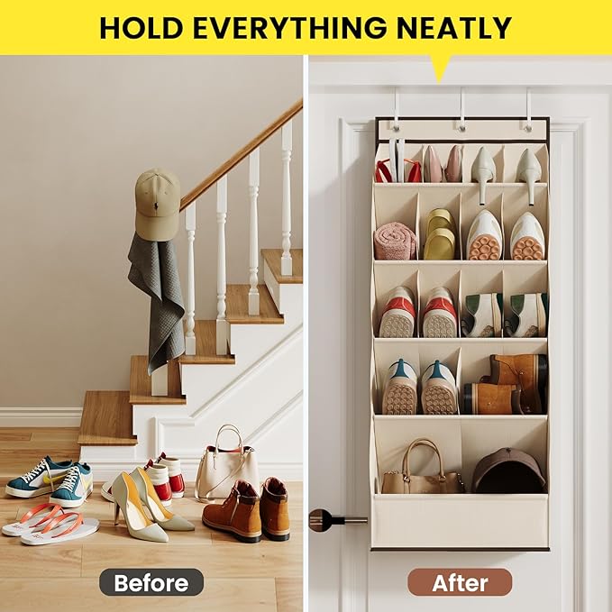 Over the Door Shoe Rack with Large Deep Pockets, Door Shoes Organizer for Closet, Hanging Boots Shoe Rack, Behind the Door Narrow Shoe Holder, Multiple Pockets for Flexible Storage, Beige ﻿