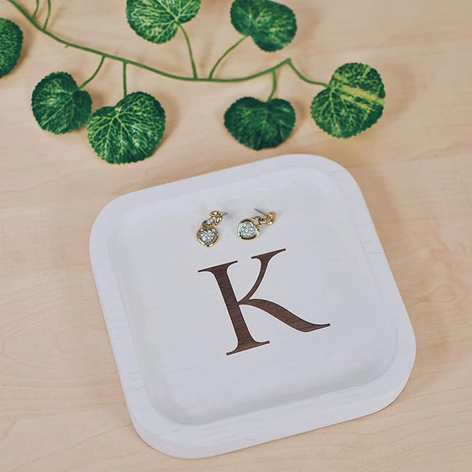 I'm Wooden Personalized Letter Catchall Valet Tray Trinket Dish Jewelry Tray Key Bowl Decorative Plate Organizing Ring Earrings Necklaces Bracelet Watch Coins Wallet Holder (6"x6" Sq White K)