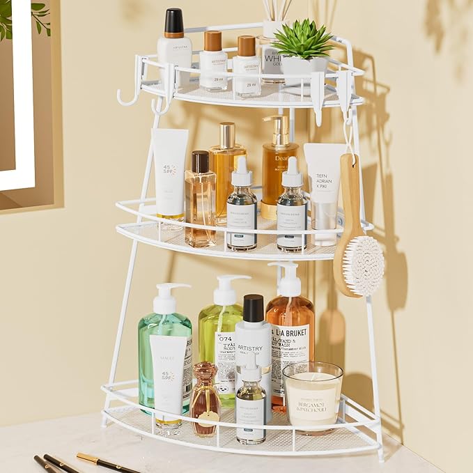 VITVITI 3 Tier Corner Bathroom Counter Organizer, Metal Bathroom Countertop Organizer Shelf Storage, Bath Room Sink Makeup Organizers for Vanity Skincare with Hooks, White