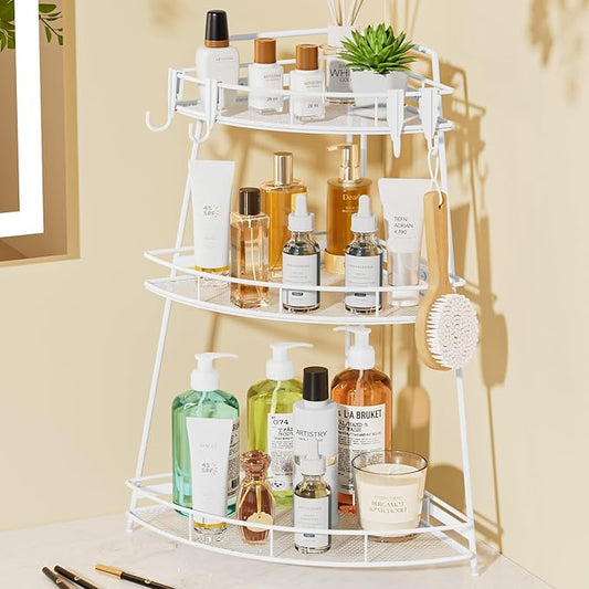 VITVITI 3 Tier Corner Bathroom Counter Organizer, Metal Bathroom Countertop Organizer Shelf Storage, Bath Room Sink Makeup Organizers for Vanity Skincare with Hooks, White
