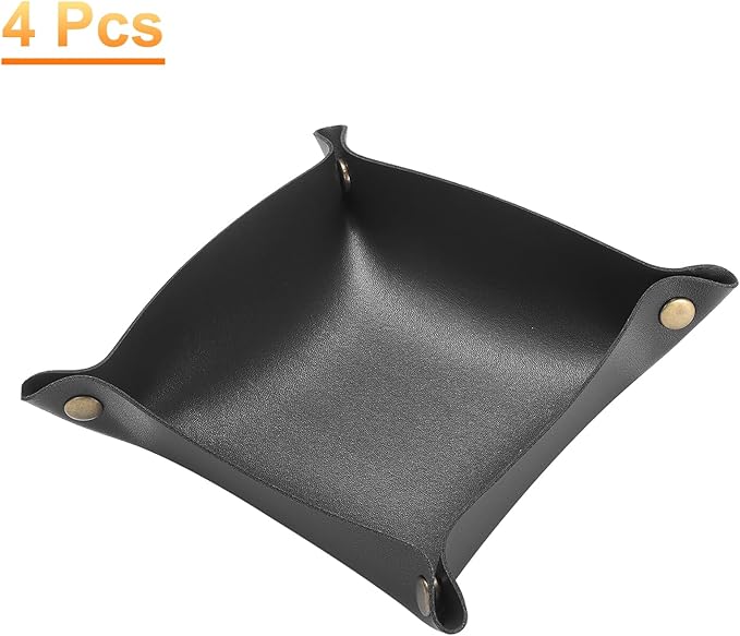 HARFINGTON 4pcs PU Leather Valet Tray Unisex Folding Small Catchall Tray Portable Entryway Table Tray Nightstand Bedside Desk Tray for Key Wallet Watch Coin Jewelry Dice, Black