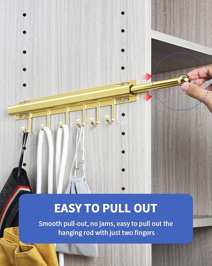 16.5 inch Valet Rod for Closets Pull Out Closet Valet Rod Slide Out Extra long Gold Valet Rods for Closets With 6 Hooks