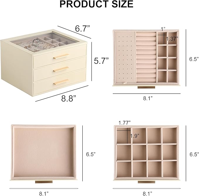 Frebeauty Clear Lid Jewelry Box,3-Layer Jewelry Organizer with Drawer,PU Leather Jewelry Organizers and Storage,Jewelry Boxes for Women,Jewelry Storage for Rings Earring Stud,Gift for Women(Beige)