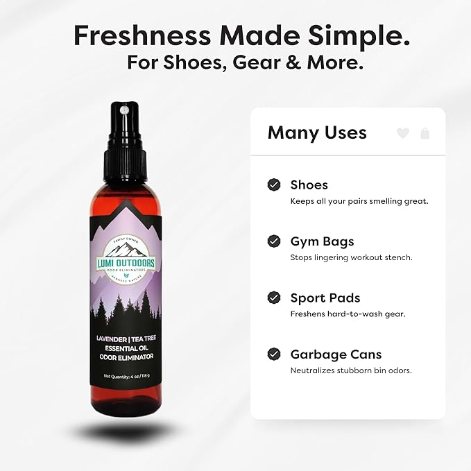 Lumi Outdoors Natural Shoe Deodorizer Spray & Odor Eliminator - Lavender Tea Tree Essential Oil Odor Eater