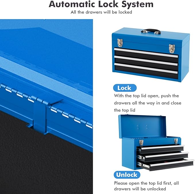 Metal Tool Box, 3-Drawer Tool Box with Carry Handle, 2 Latches & Liner, Portable Tool Chest Storage Box Organizer for Garage, Warehouse & Repair Shop (Blue)