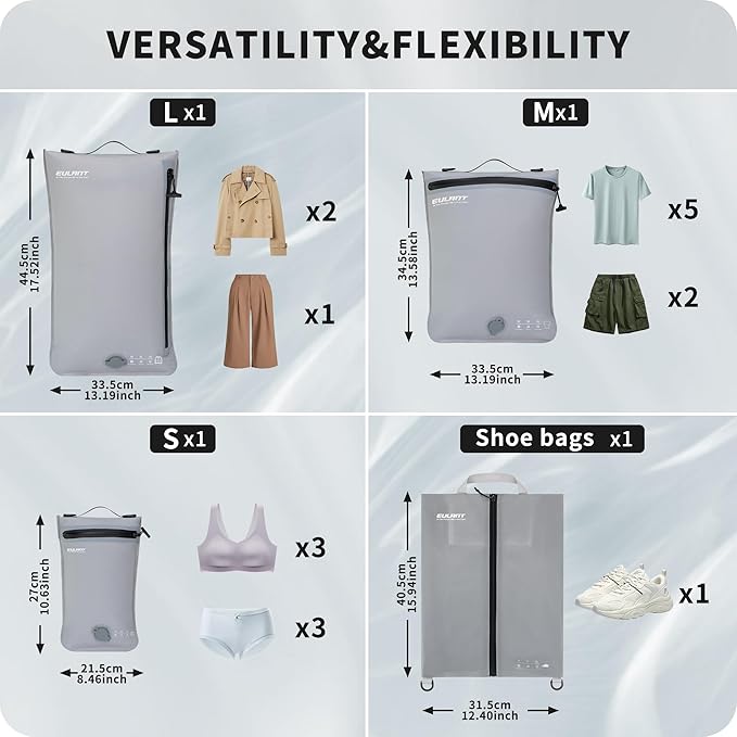 Eulant 5 Set Vacuum Packing Bags for Travel,Professional IPX8 Zip Packing Organizer for Suitcases Backpack,Space Saver Bags Packing Organizers for Clothing Packing