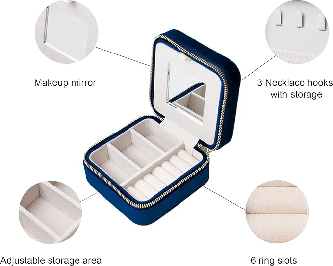 Customizable Compact Velvet Jewelry Box with Mirror, Travel Jewelry Case, Travel Jewelry Organizer, Jewelry Box for Women and Girls, Small Jewelry Organizer (Flower Design, Winter Blue)