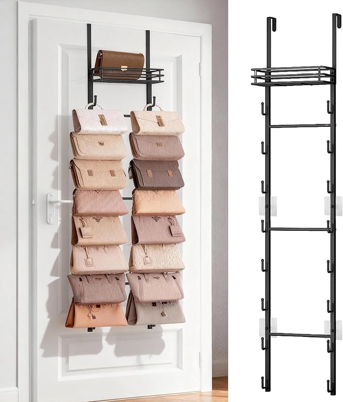 Over the Door Purse Organizer with 16 Hooks and Storage Basket, Wall Mounted Handbag Organizer, Purse Organizer for Closet Holds up to 16 Bags, Purse Holder for Door Has Split Design
