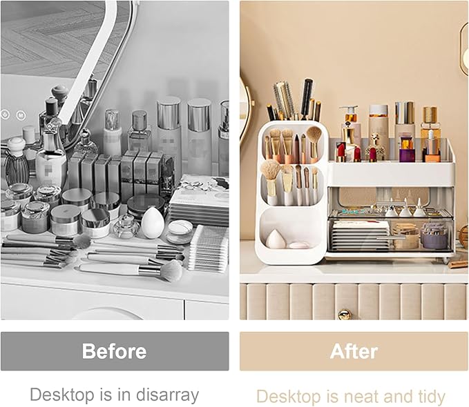 Makeup Organizer with Drawer, Skincare Products Perfume Desk Storage Box, Beauty Holder Rack for Lipstick Brush Eyeliner, Cosmetic Display Case for Dresser Countertop & Bathroom Vanity (White)