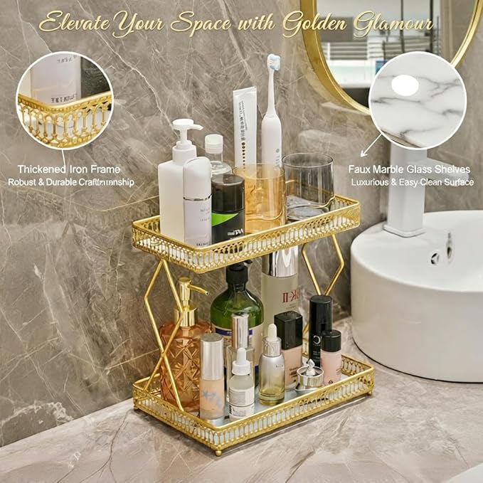 MLVOC Makeup Organizer Countertop, Gold Skincare Organizer, Durable Metal Storage for Bathroom or Bedroom Vanity, Tall Spacious Design for Large Bottles