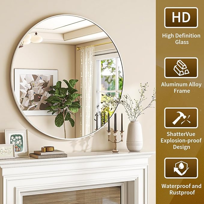 White Round Mirror, 24 Inch Circle Bathroom Mirror with Metal Frame, Wall-Mounted for Entryway, Bathroom, Vanity, Living Room