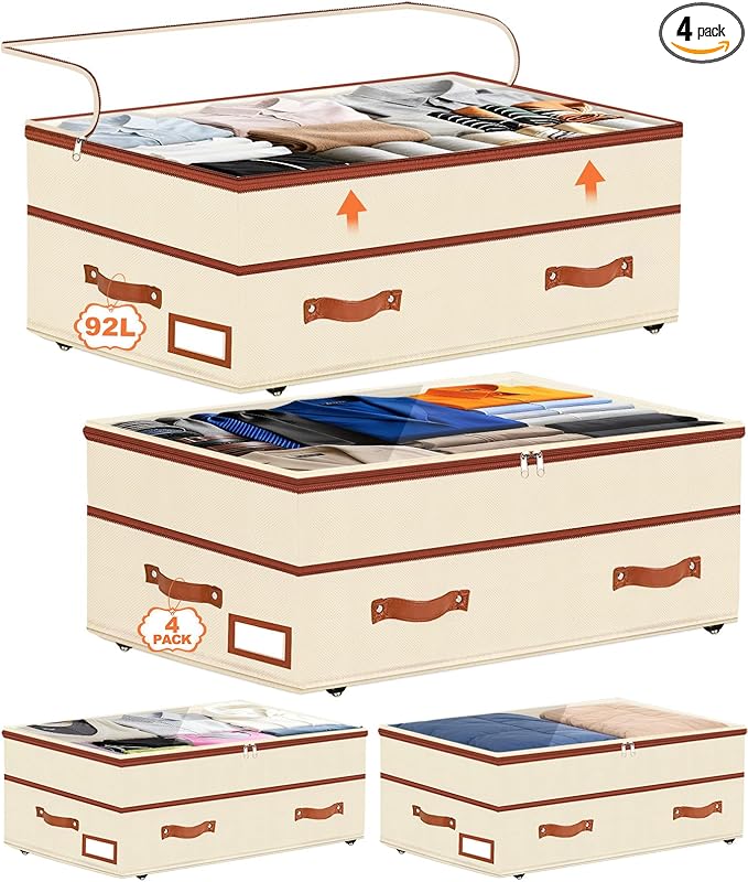 Dolicer 4 Pack Under Bed Storage with Wheels, 6in-10in Height Adjustable Underbed Storage Containers, 92L XXXL Under Bed Drawers Rolling Bin with Clear Lids for Dorm Shoes Clothes Organizers(Beige)