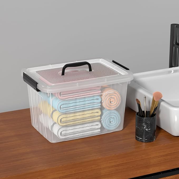 12 L Clear Lidded Storage Box, Plastic Latching Bin with Handle, 4 Pack