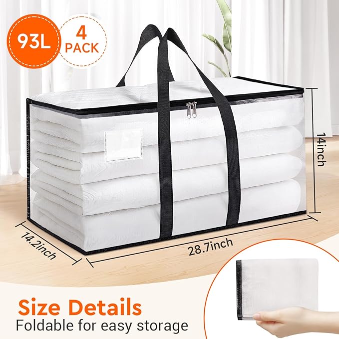 BlissTotes Moving Bags, 4-Pack Storage Bags, Moving Bags Heavy Duty Extra Large, Moving Totes, Clear moving Bags, Reinforced Handles & Tag Pocket (93L)