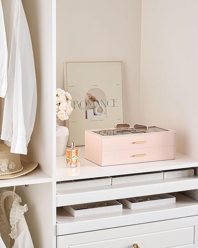 Lolalet Beige Sunglasses Storage Box for Women, Eyewear Eye Glass Organizer with Clear Top Lid Display Holder Case