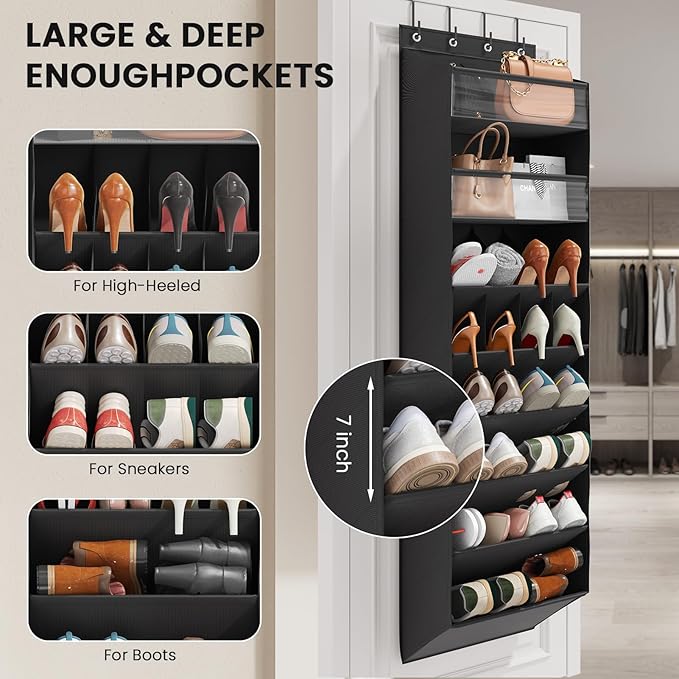 8 Tier Clear Over the Door Shoe Organizer with Deep Pockets, Door Shoes Rack with hard Cardboard and Tubes to Keep the Shape, Hanging Shoe Rack for Closet Organizers, Shoe Holder Black