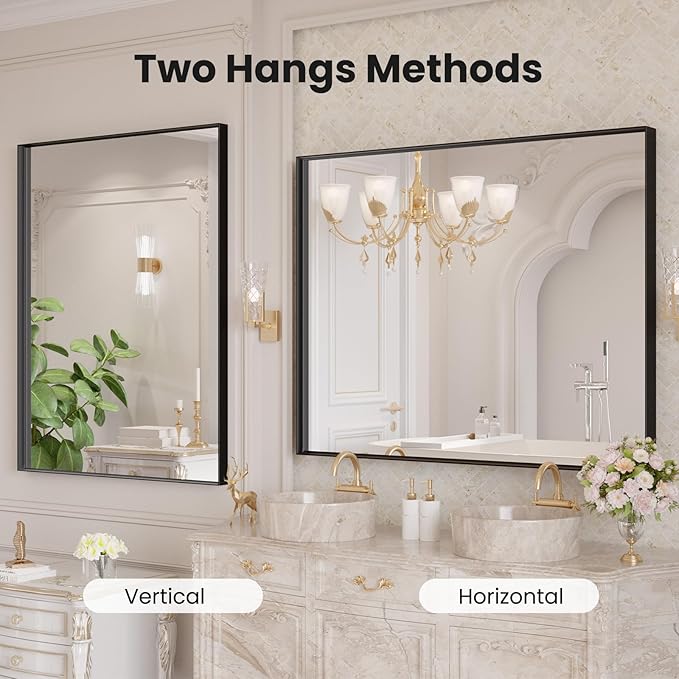LOAAO Black Bathroom Mirror 40"X30" for Wall, Rectangle Bathroom Vanity Mirror, Tempered Glass, Hangs Vertically or Horizontally, Easy to Install, Modern Design