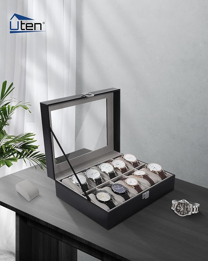 Uten Watch Box with 10 Slots, Watch Box for men, Watch Display Case, Watch Storage Box with Removable Cushion, Metal Clasp, PU Leather
