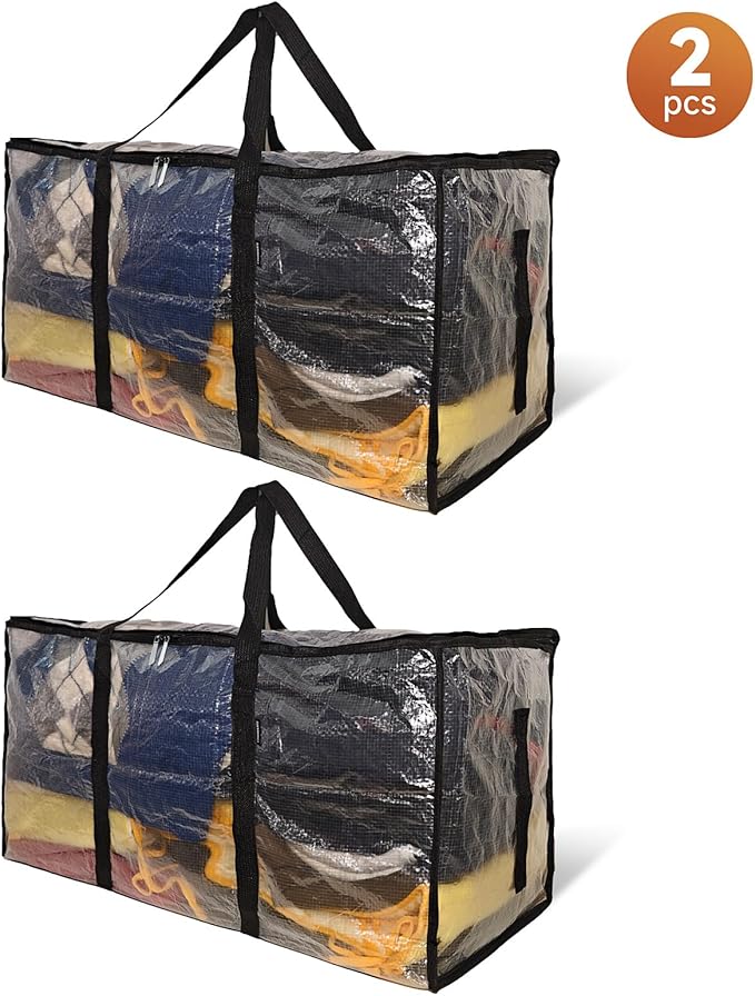 CONGREGATE 2 Pack Extra Large Moving Bags with Zippers and Carrying Handles, Heavy-Duty Storage Tote Moving Boxes for Space Saving, Semi-Transparent 97L/25.6Gal (28.7"x13.7"x15")