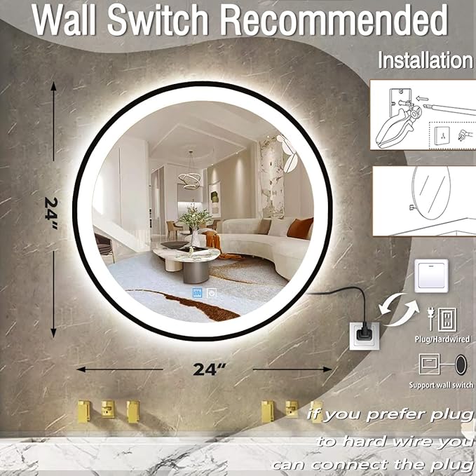 24 Inch Black Frame Round Lighted Mirror for Bathroom Salon Wall Black Round LED Vanity Mirror with Lights 3 Color Adjustable Brightness AntiFog 24" BlackFramed Circle Smart Light up Mirrors