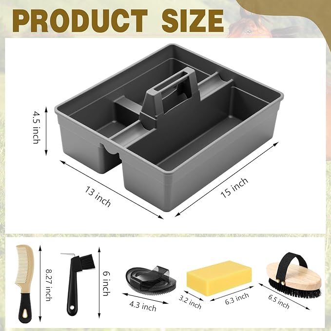 Abbylike 6 Pieces Horse Grooming Tote Kit Plastic Storage Grooming Bag for Horses Durable Tote Tack Box Organizer with Handle Horse Brush Sets Cleaning Caddy Supplies(Gray)