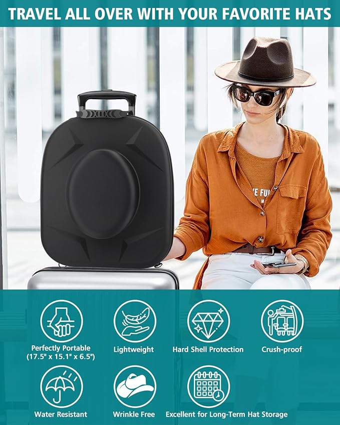 Cowboy Hat Travel Carrier - Crush Resistant EVA Storage Box for Fedora, Panama & Western Hats with Handle & Strap - Red