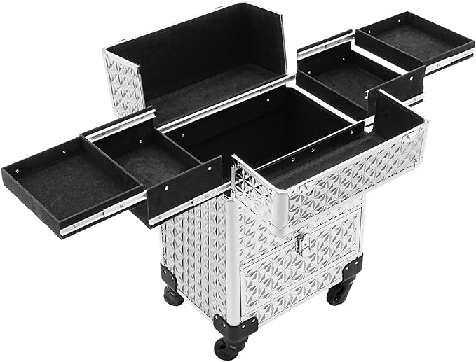Professional Rolling Makeup Case Pro Makeup Artist Cosmetic Train Case Hairstylist Travel Case Portable Make Up Station with Lockable Drawer & 4 Swivel Wheels - Silver