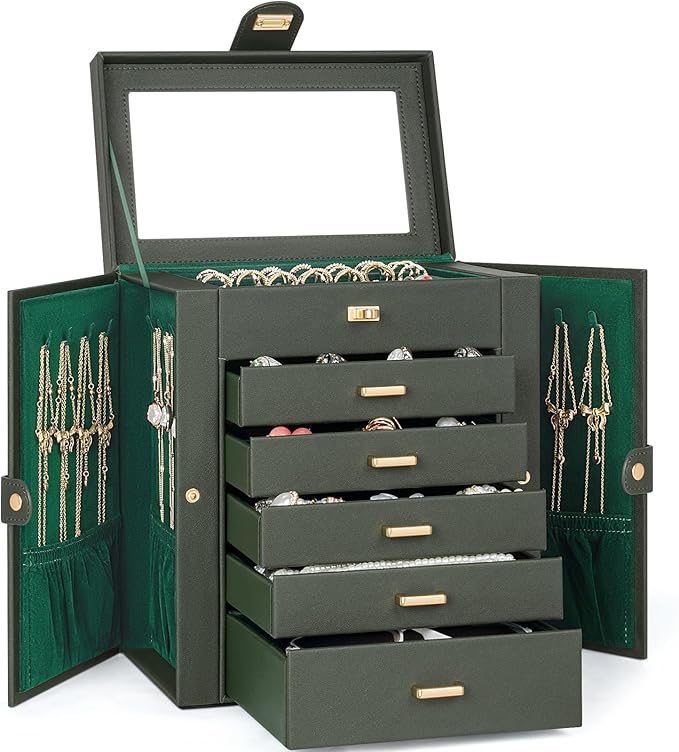 AKOZLIN 6-Tier Jewelry Box Organizer Functional 5 Drawers Leather Jewelry Storage Case for Women Girls Ring Necklace Earring Bracelet Holder Organizer with Mirror Dark Green