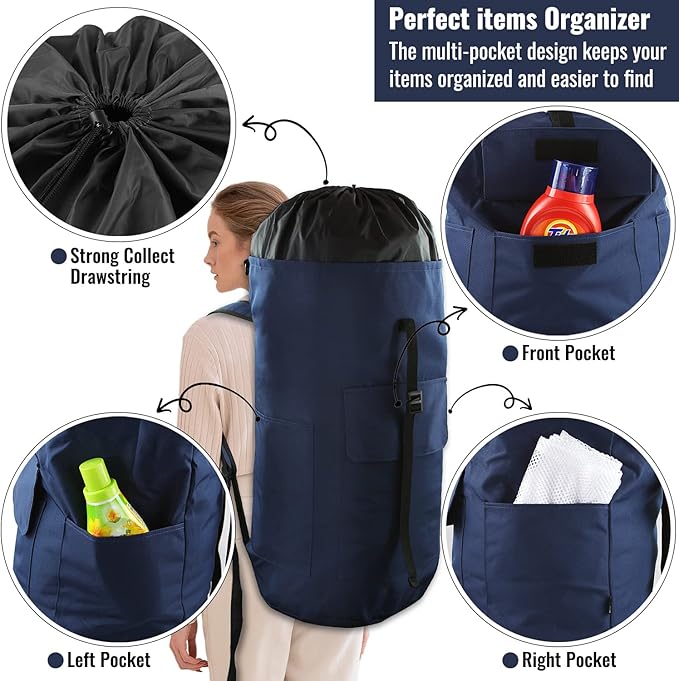 Laundry Bag Backpack, 125L Extra Large Laundry Backpack with Shoulder Straps, Adjustable Extendable Laundry Hamper Bag with 3 Pockets for College, Travel, Camping (Dark Blue)