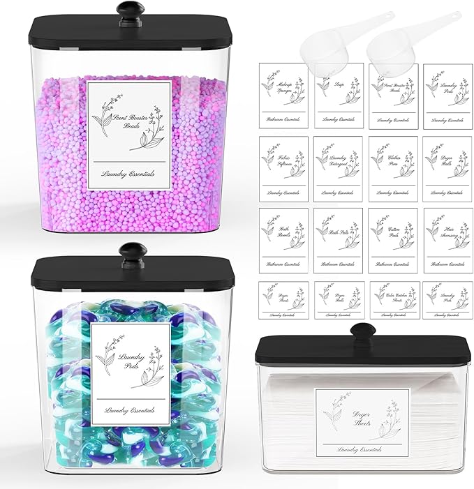 3 Pack Plastic Laundry Pods Container & Dryer Sheet Holder, Laundry Room Organization and Storage Jars with Lids, Scoops & Labels for Detergent, Powder, Scent Booster(Black Lid)