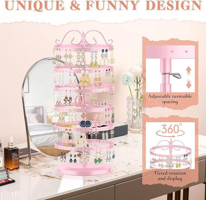 iDavosic.ly 6 Tier Metal Rotating Earring Holder Organizer, 264 Holes Large Stud Storage Display Stands Tree Rack, Adjustable Pierced Hoop Dangle Tower for Women, Pink